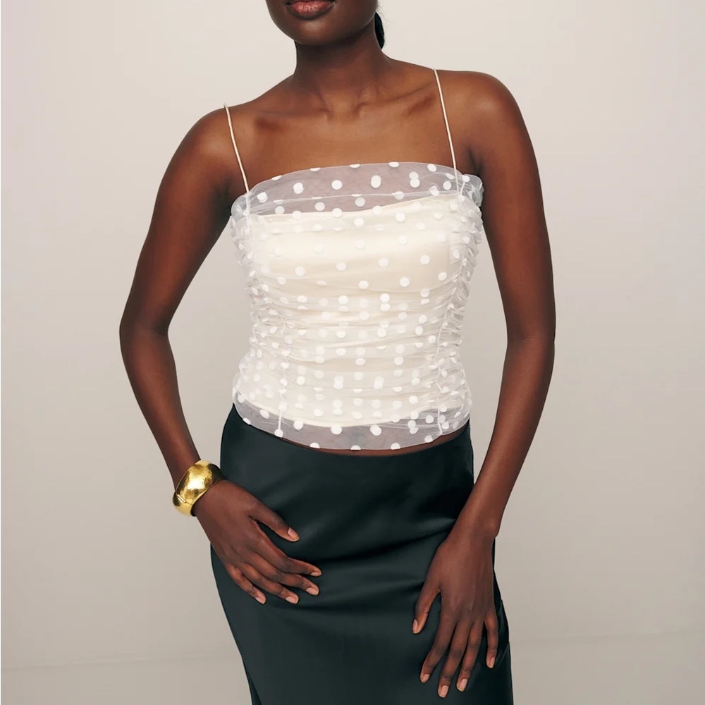 Reformation Sheer White Polka Dot Camisole